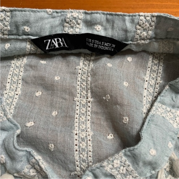 Zara Sea Green Embroidered Blouse with Pom Pom Collar Long Sleeve Size S - Picture 3 of 5